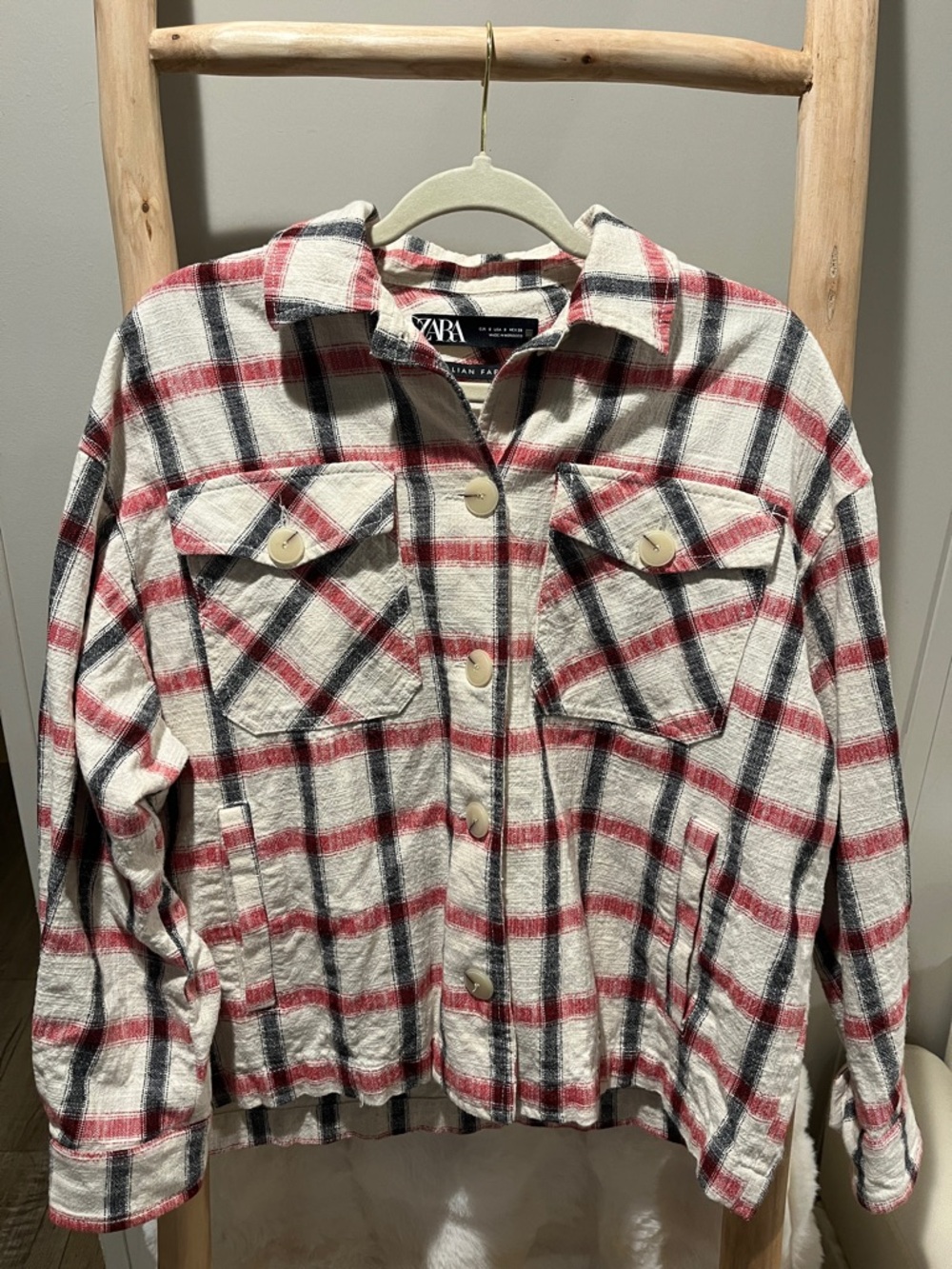 Zara Cream Plaid Button-Up Jacket with Red and Black Checks